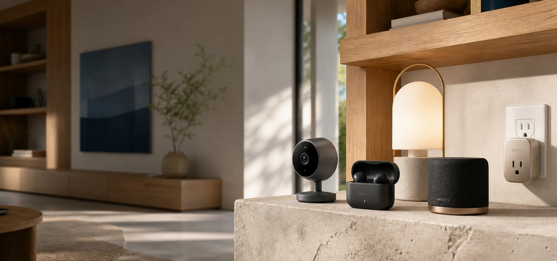 ARCCTV smart camera, earbuds, speaker, lamp, and smart plug arranged in a living room