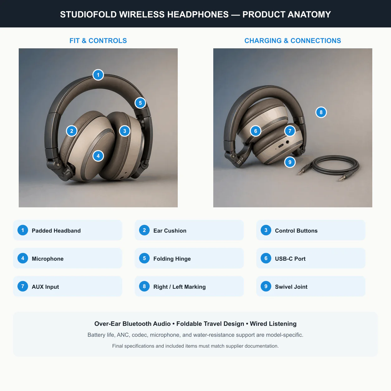 ARCCTV StudioFold Wireless Headphones product anatomy